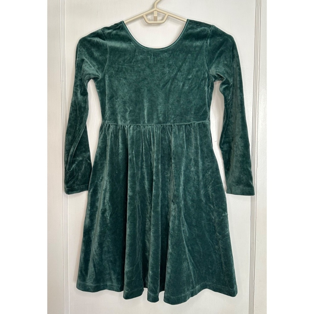 Hanna Andersson Size 130 7-8 Green Velour Dress Holiday Winter Pockets